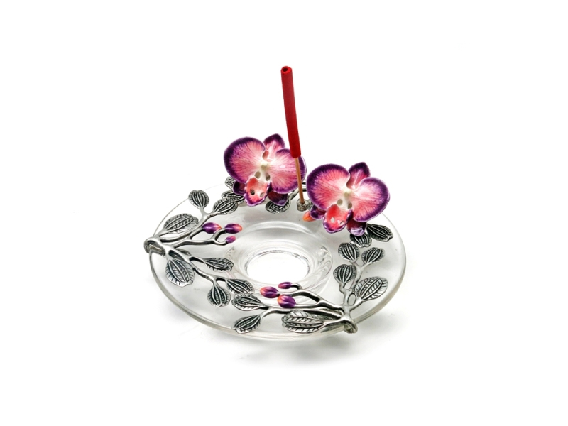 INCENSE HOLDER TWIN ORCHID ON GLASS