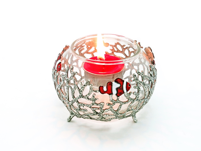 CANDLE HOLDER CORAL W/NEMO ROUND GLASS